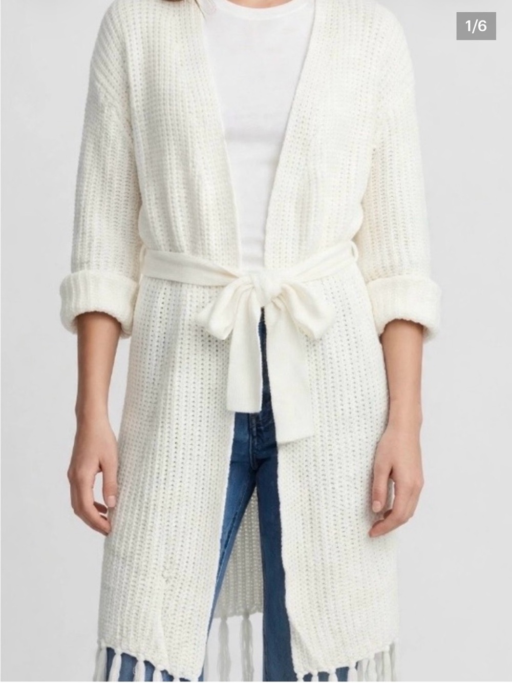 Tie-Waist Open-Knit Cardigan Sweater - White